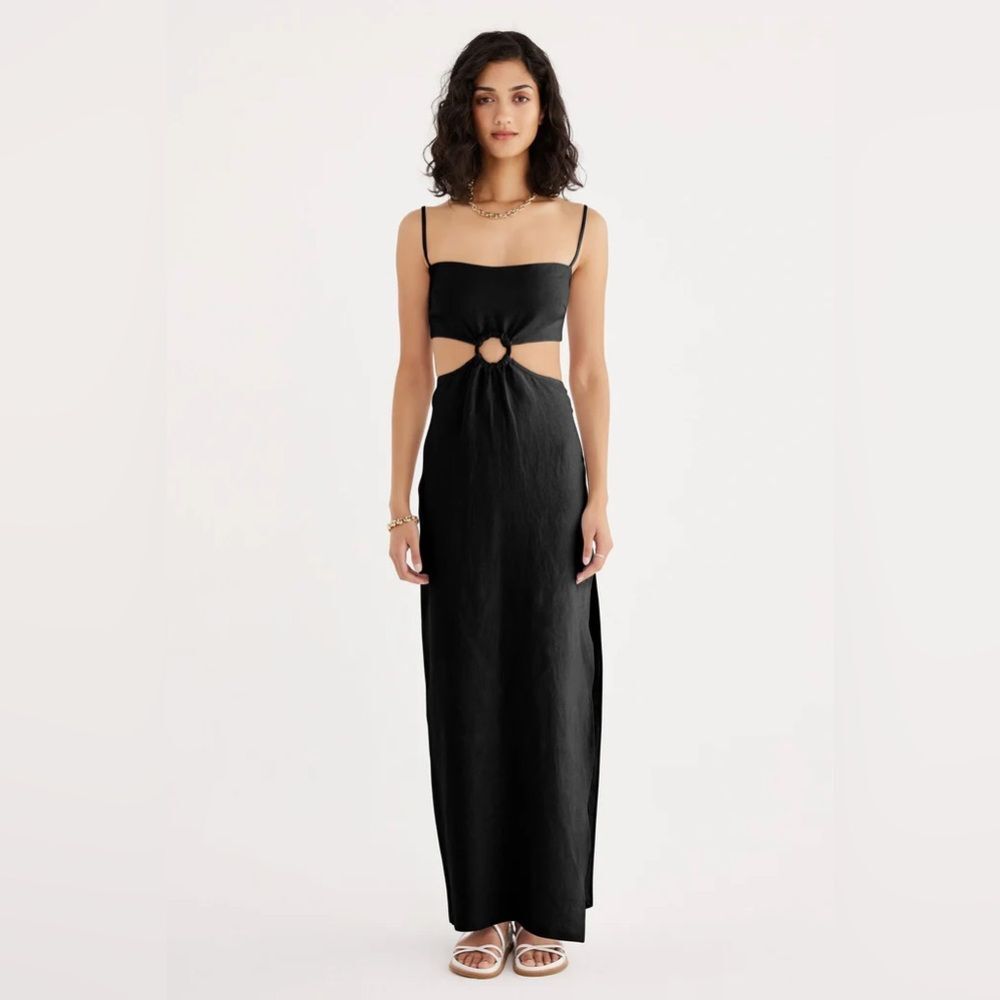 NWT Revolve Rumer The Label Avalon Ring Black Linen Maxi Dress Women's size XS